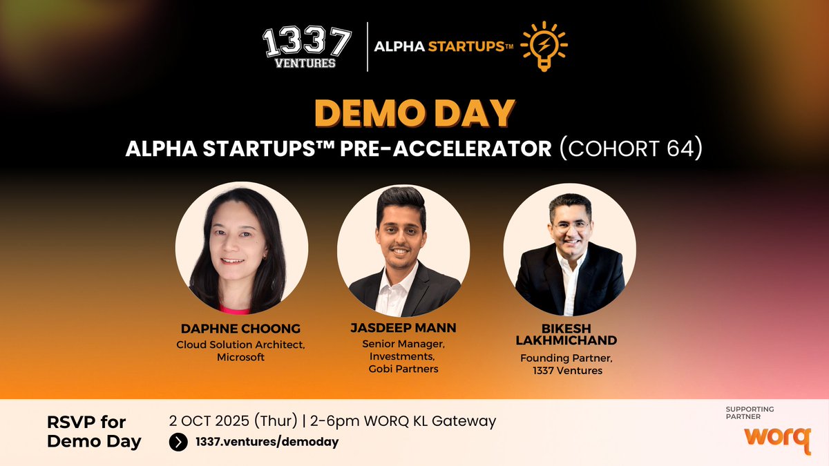 🚀 The stage is set! Top 9 startups from Alpha Startups™ Cohort 64 are pitching at Demo Day after 10 weeks of building &amp; refining.

Join us in this demo day: 
📅 2 OCT | 2–6 PM
📍 WORQ KL Gateway
👉 RSVP: 1337.ventures/demoday