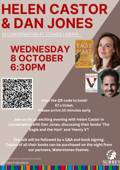 Join us for an evening with Helen Castor and Dan Jones, discussing their books 'The Eagle and the Hart' and 'The Henry V'! Tickets cost £7. Books can be purchased on the night from our partners, Waterstones Staines. If you'd like to join, please book via Eventbrite.