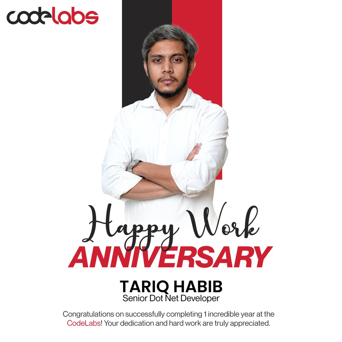 codelabsInc's tweet image. Work Anniversary Spotlight! 🎉
Congratulations to Tariq Habib, our talented Senior Dot Net Developer, on completing one incredible year with CodeLabs! 

#WorkAnniversary #TeamCodeLabs #Growth  #CelebratingSuccess