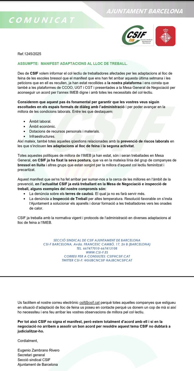 🟢 Comunicat sobre manifest adaptació al lloc de treball. Escoles Bressol.