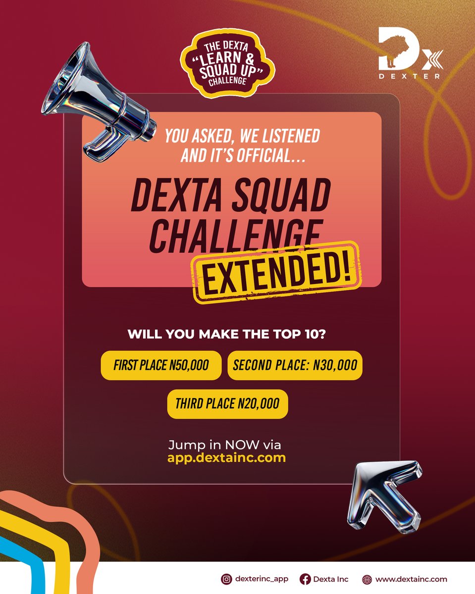 dextainc's tweet image. Want to be in the winning squad?

1️⃣ Sign up &amp;amp; screenshot your page with #dextasquadchallenge
2️⃣ Tag 3 friends who love a good challenge
3️⃣ Tag us on your story
4️⃣ Take a mini course
5️⃣ Share your result and tag/ collaborate with us.

Join TODAY via app.dextainc.com