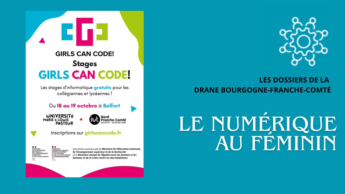 x.com/Eduscol/status… Représentation égale ♀️♂️ dans les filières du numérique, la <a href="/DrneBFC/">DRANE Bourgogne-Franche-Comté</a> soutient les asso engagées &gt;  <a href="/Prologin/">Prologin - Girls Can Code!</a> sera présente à Belfort, 18-19 octobre : girlscancode.fr🔗Consultez notre dossier « Le numérique au féminin » : urls.fr/Bjrz5z