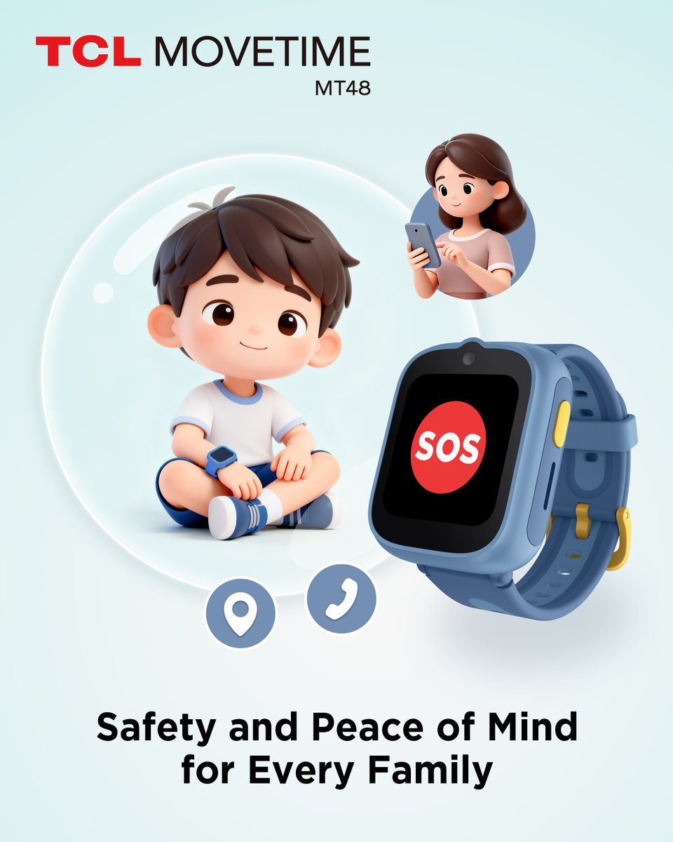 TCLMobileGlobal's tweet image. 🆘 Wondering where your child is when they’re out and about?

With just a press, the TCL MOVETIME MT48 Kids Watch connects you both.

In an emergency, a single press of the SOS button instantly shares their live location and allows calling, so you’re always with them.