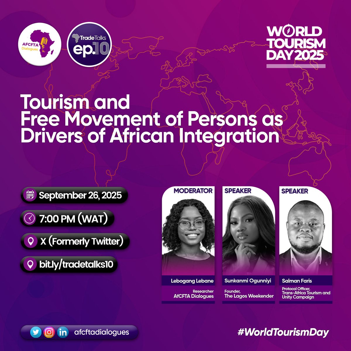 Happening Today‼️‼️

What if you could travel anywhere in Africa tomorrow - no visa needed? 🌍✈️

TradeTalks Ep.10 celebrates #WorldTourismDay by exploring tourism + free movement in Africa

📅 Sept 26 | ⏰ 7 PM WAT | 🔗 bit.ly/tradetalks10
📍 Live on X

Do join us!