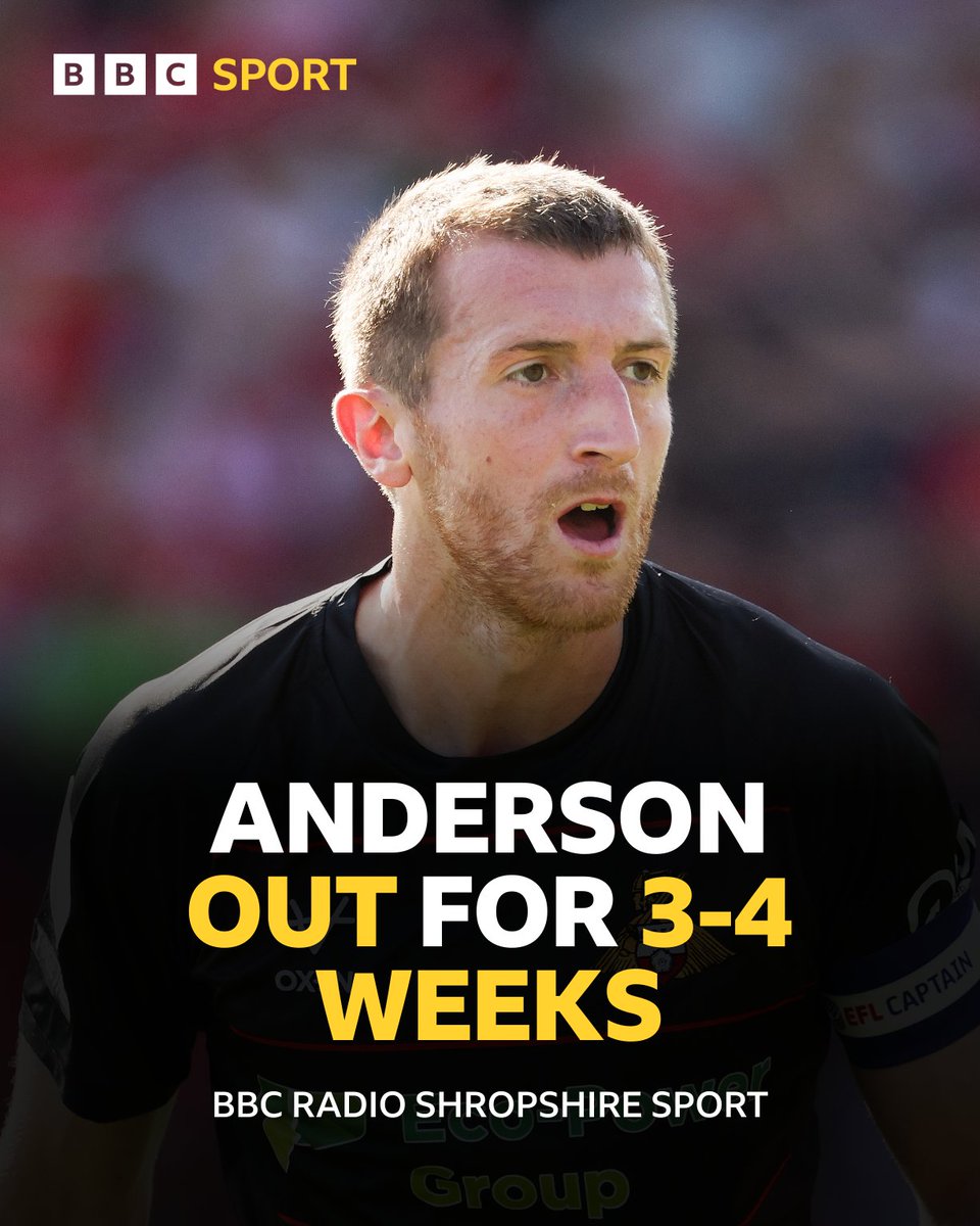 BBC Sport Shropshire (@bbcshropsport) on Twitter photo More from this morning's #Shrewsbury presser
❌ Tom Anderson ruled out of action for 3-4 weeks after limping off against Harrogate
Hear more on Sports Hour tonight from 6pm on 96fm
#BBCFootball | #Salop More from this morning's #Shrewsbury presser
❌ Tom Anderson ruled out of action for 3-4 weeks after limping off against Harrogate
Hear more on Sports Hour tonight from 6pm on 96fm
#BBCFootball | #Salop