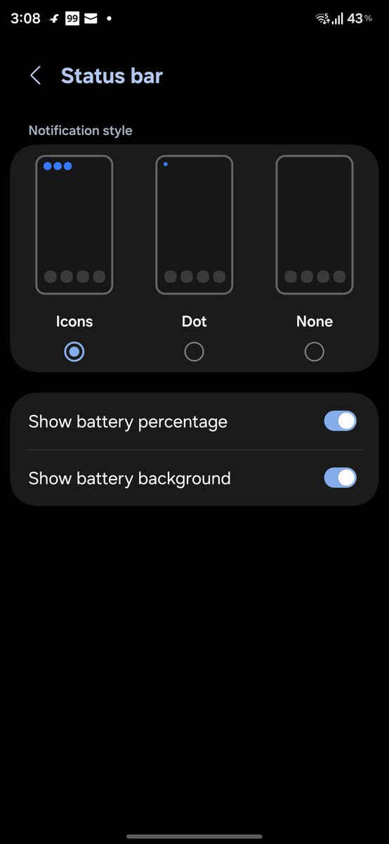 callmeK007's tweet image. On One UI 8.5, the status bar offers two battery display styles percentage or background, both showing the percentage.
#Samsung #UI8.5 #SamsungUpdate #samsungs25 #s25 #s25ultra