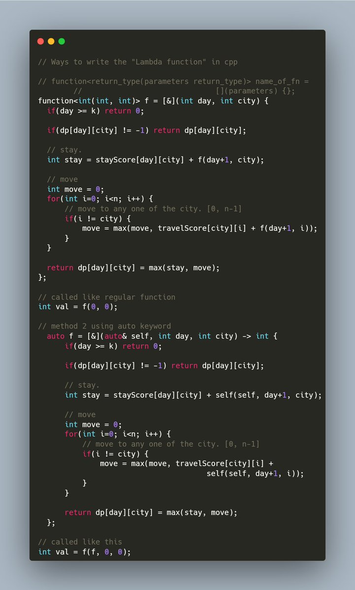 SaGaRSi39958577's tweet image. This is how to write the &quot;Lambda function&quot; in C++

Comment which one is your favorite, 1 or 2.
#CPP25 #LeetCode #DSA #programming