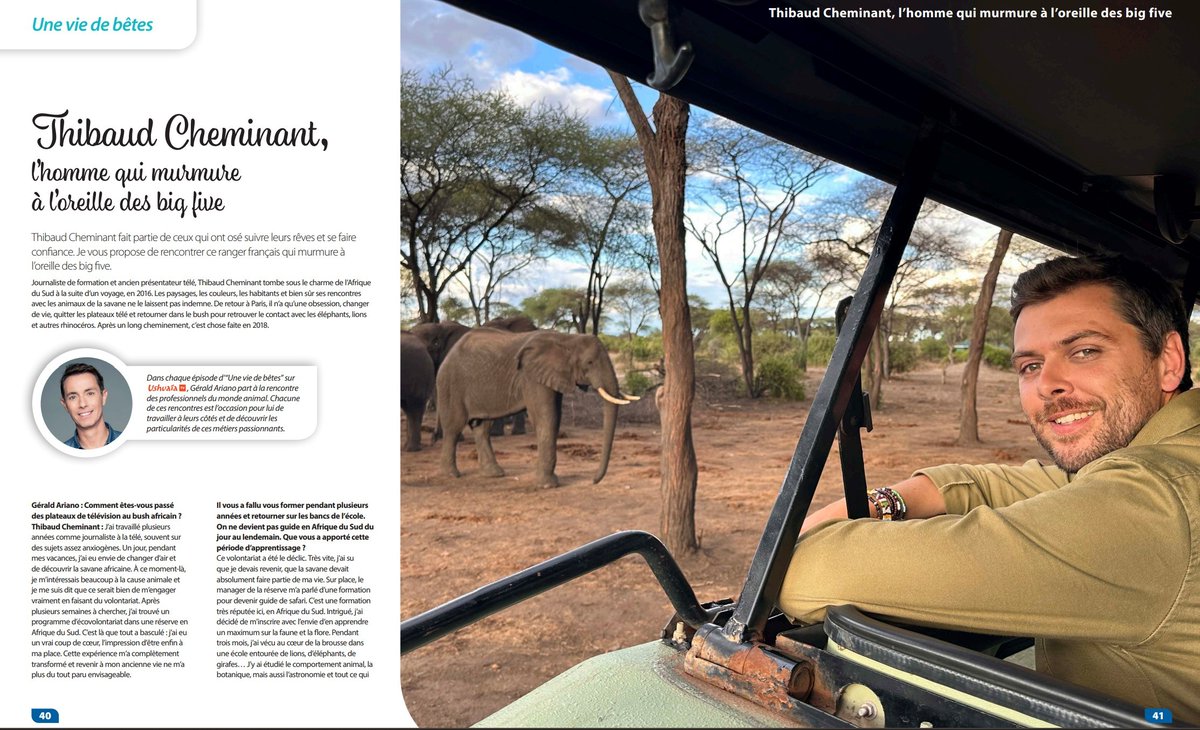 Thibaud Cheminant (@tcheminant) on Twitter photo Un grand merci <a href="/GeraldAriano/">Gérald Ariano</a> pour ce très bel article.
Dans le nouveau numéro du "Monde des Animaux", je parle de ma vie en pleine savane et y évoque les safaris que j'organise 🦁🦓
1/2 Un grand merci <a href="/GeraldAriano/">Gérald Ariano</a> pour ce très bel article.
Dans le nouveau numéro du "Monde des Animaux", je parle de ma vie en pleine savane et y évoque les safaris que j'organise 🦁🦓
1/2
