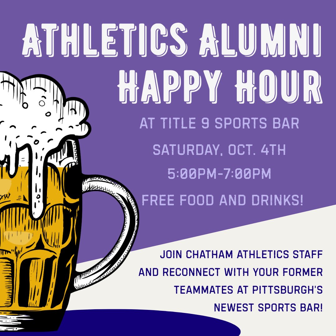 Calling all Athletics Alumni join us at title IX for our athletic alumni happy hour Saturday October 4th! #PrideinthePaw #BuiltTogether <a href="/ChathamCougar/">Chatham Athletics</a> <a href="/ChathamU/">Chatham University</a>