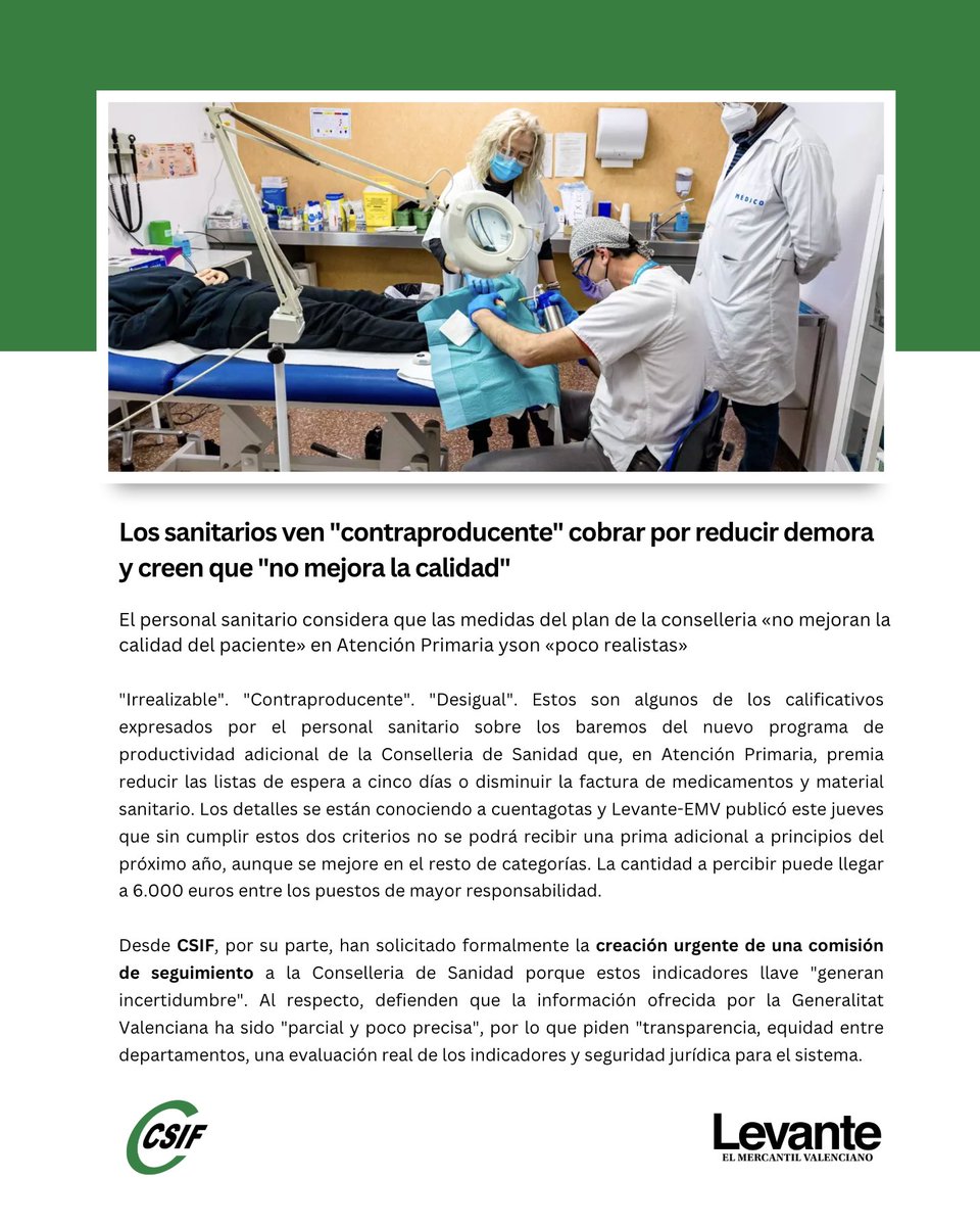 🏥✍️ Compartimos la noticia de <a href="/levante_emv/">Levante-EMV</a> sobre los baremos del nuevo programa de productividad adicional de la Conselleria de Sanidad.

📢 CSIF ha solicitado formalmente la creación urgente de una comisión de seguimiento a la Conselleria porque estos indicadores llave "generan