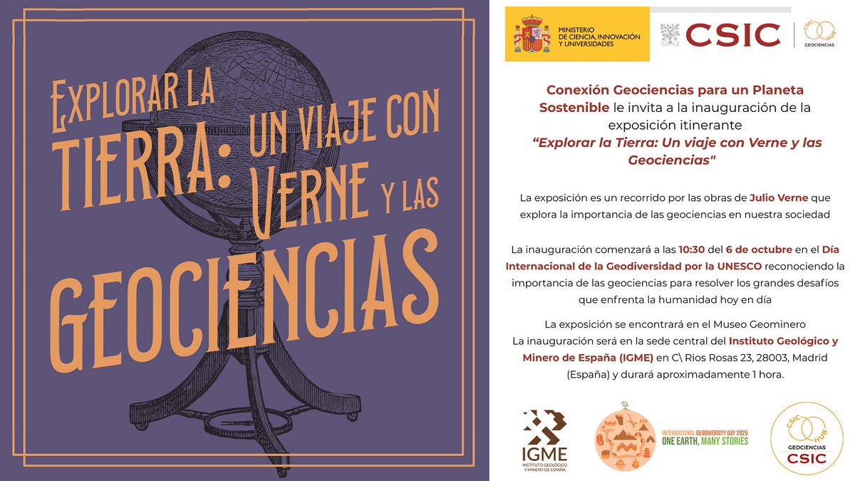 GeocienciasCSIC's tweet image. El próximo 6 de octubre en el Día Internacional de la Geodiversidad inauguramos la exposición "Explorar la Tierra: un viaje con Verne y las Geociencias".
- Un recorrido por las obras de Julio Verne para explorar las geociencias y su importancia.
csic.es/es/agenda-del-…