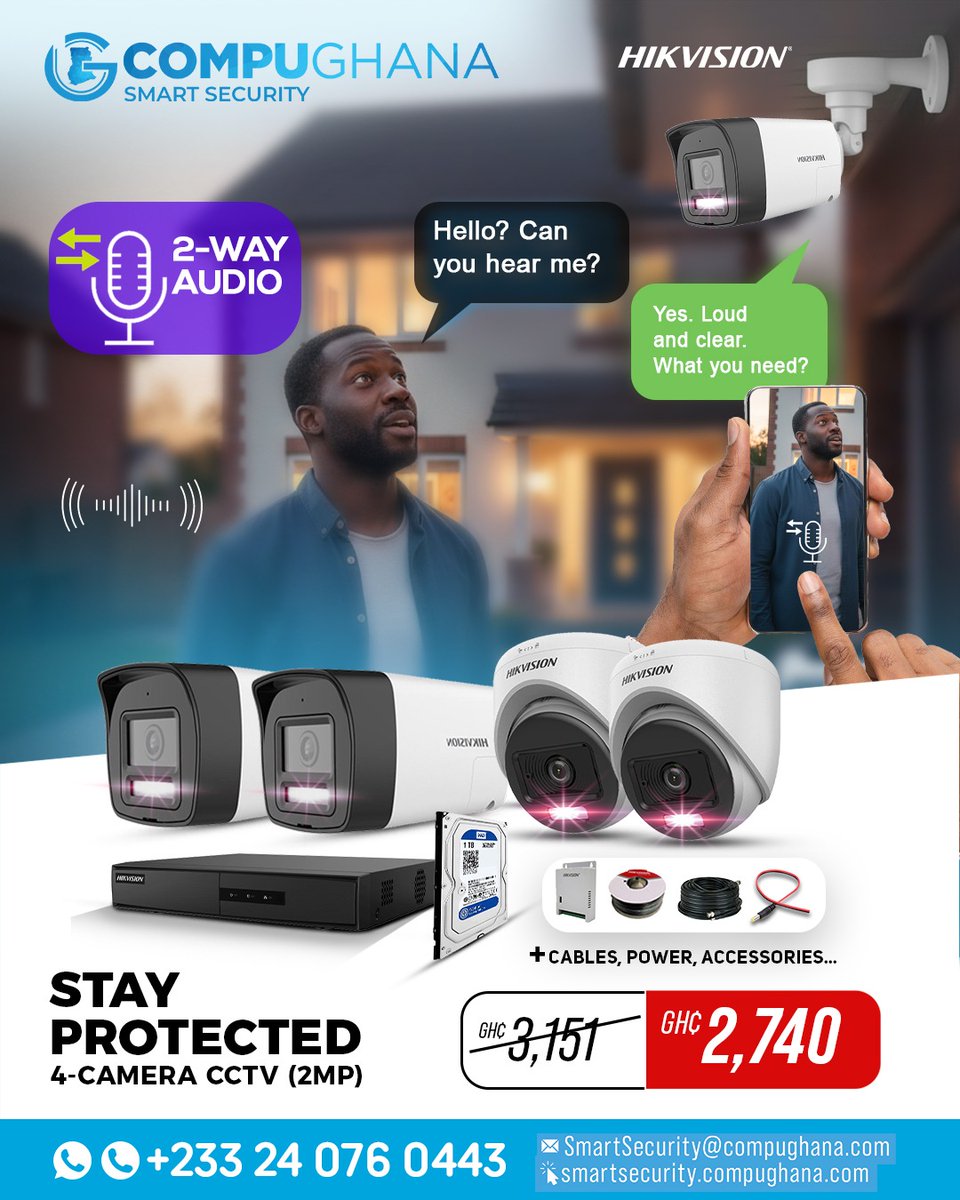 CompuGhanaLTD's tweet image. Protect what matters most! Whether you&apos;re at work, travelling, or just asleep, a reliable security system is your silent guardian.
Shop Now In-store &amp;amp; Online: Call: 0302 752 020.
#SmartHomeSecurity #HIKvisionTechnology #CCTVDeals #compughanasmartsecurity