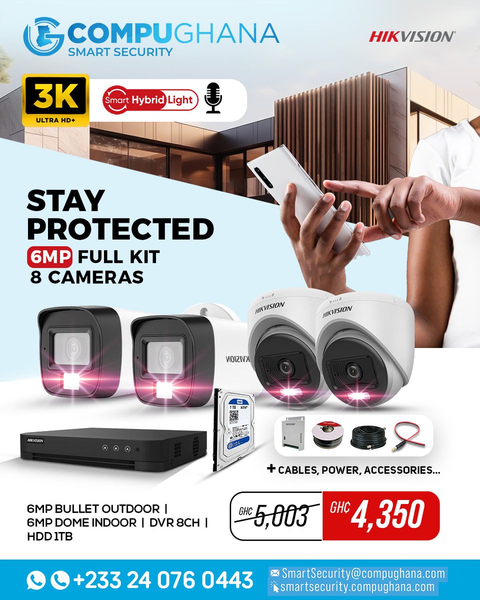 CompuGhanaLTD's tweet image. Protect what matters most! Whether you&apos;re at work, travelling, or just asleep, a reliable security system is your silent guardian.
Shop Now In-store &amp;amp; Online: Call: 0302 752 020.
#SmartHomeSecurity #HIKvisionTechnology #CCTVDeals #compughanasmartsecurity