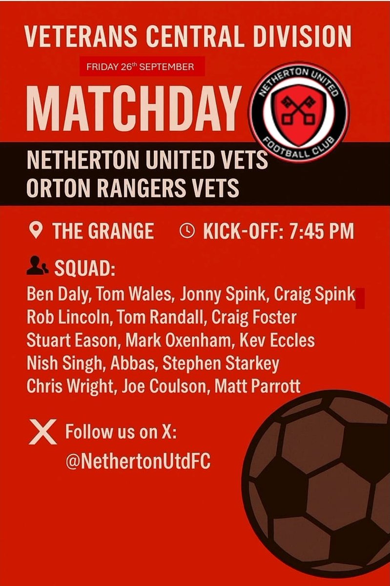Our Vets back in action tonight.

Vs. Orton Rangers Vets
Kick off 7:45
The Grange, Netherton.

#nethertonunited #oneteam