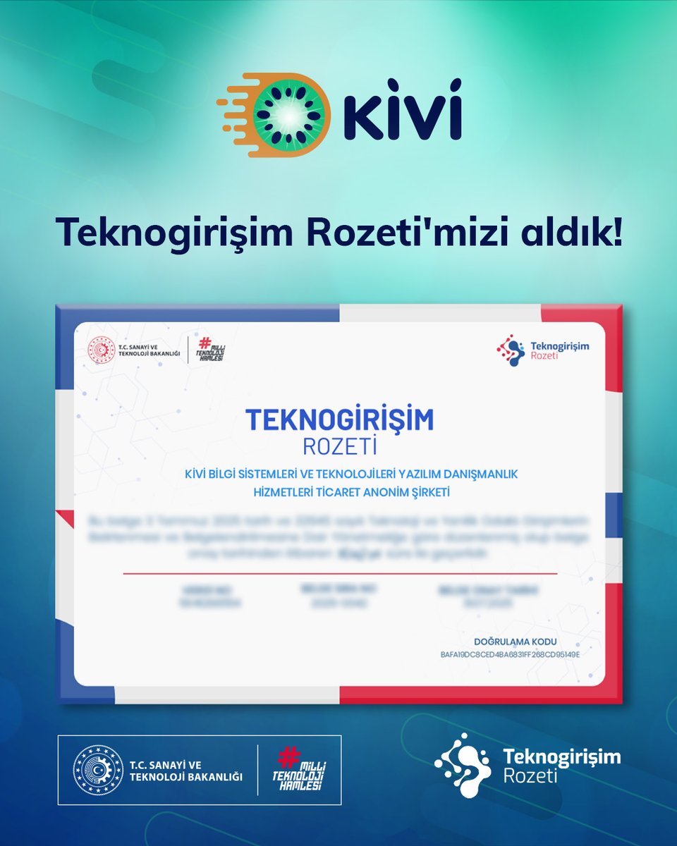 Türkiye’nin teknoloji ve yenilik odaklı girişimlerini desteklemek için geliştirilen en önemli araçlardan biri olan, T.C. Sanayi ve Teknoloji Bakanlığı tarafından hayata geçirilen Teknogirişim Rozetini almaktan büyük mutluluk duyuyoruz.