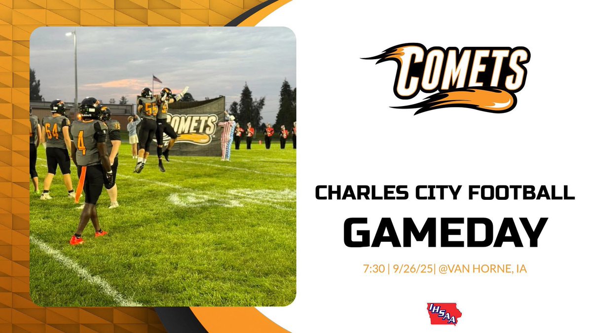 Varsity 7:30 PM kickoff with 9/10 kickoff at 5:00 pm.  We travel to Benton CSD in Van Horne, IA, for our first Class 3A district football game!  Go Comets! 🏈👏