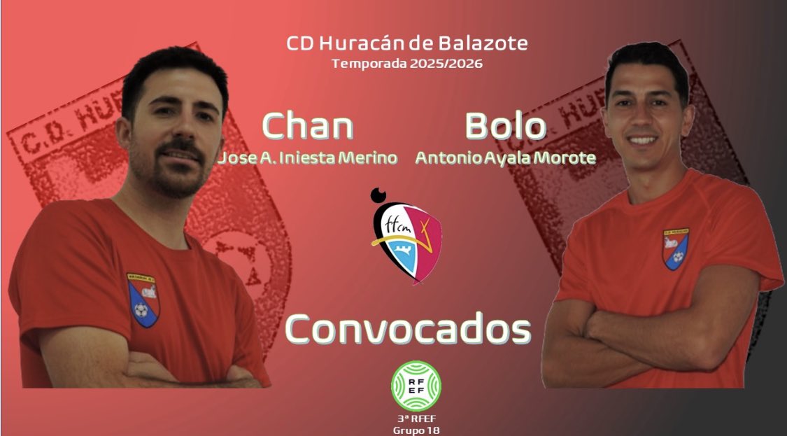 Dos de nuestros jugadores han sido convocados por la @ffcm_es para su próxima concentración

Convocados:

. Jose A. Iniesta Merino “Chan”
. Antonio Ayala Morote “Bolo” 

👏 ¡¡Enhorabuena chicos !! 🔴🔵

📅 30 de septiembre
📍 Alcázar de San Juan