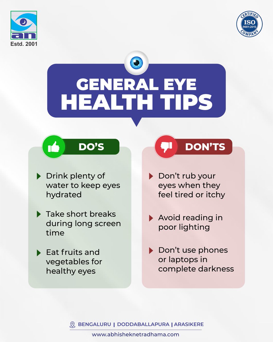 💧 Keep your eyes healthy every day!
Follow these simple Do’s &amp; Don’ts: stay hydrated, take screen breaks, eat healthy, and protect your eyes from strain. 👀

#abhisheknethradhama #eyehospitalbangalore #eyecaretips #hydrateforhealthyeyes #dryeyetreatment #visionhealth