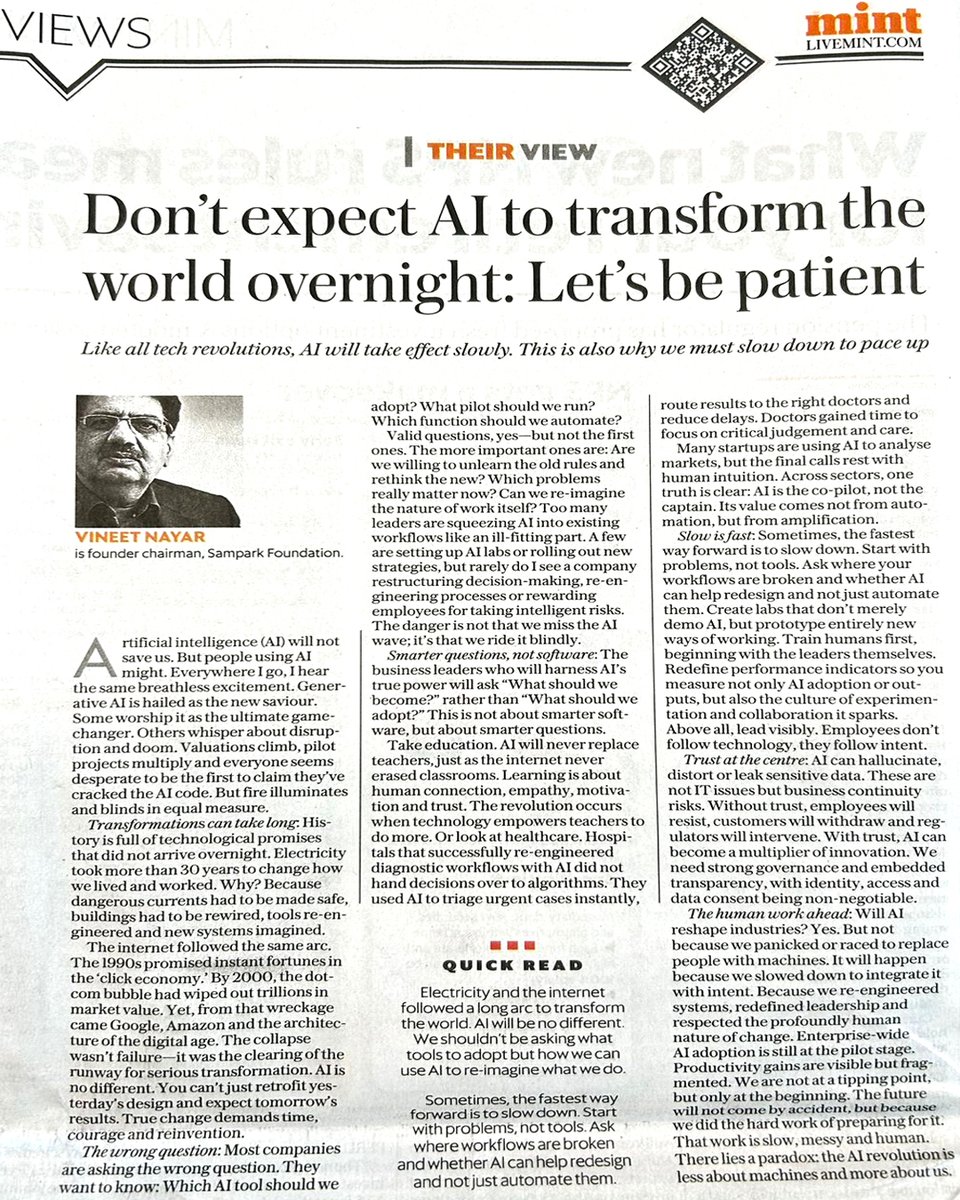 Everyone is racing to “adopt” AI. But here’s the uncomfortable truth:

You can’t squeeze AI into yesterday’s workflows and expect tomorrow’s results.

History tells us revolutions take time.
Electricity needed 30 years to rewire buildings.
The internet wiped out trillions before