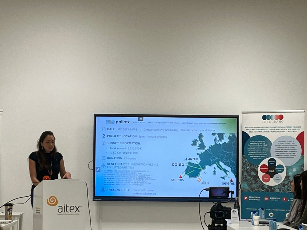 Yesterday, #LIFEPOLITEX joined the SSbD Workshop organised by INTEGRANO at <a href="/aitex_es/">AITEX</a>  🌍

We presented how our fibre-to-fibre polyester recycling pilot plant applies Safe &amp; Sustainable by Design principles ♻️🧵

#SSbD #CircularEconomy #EUProjects