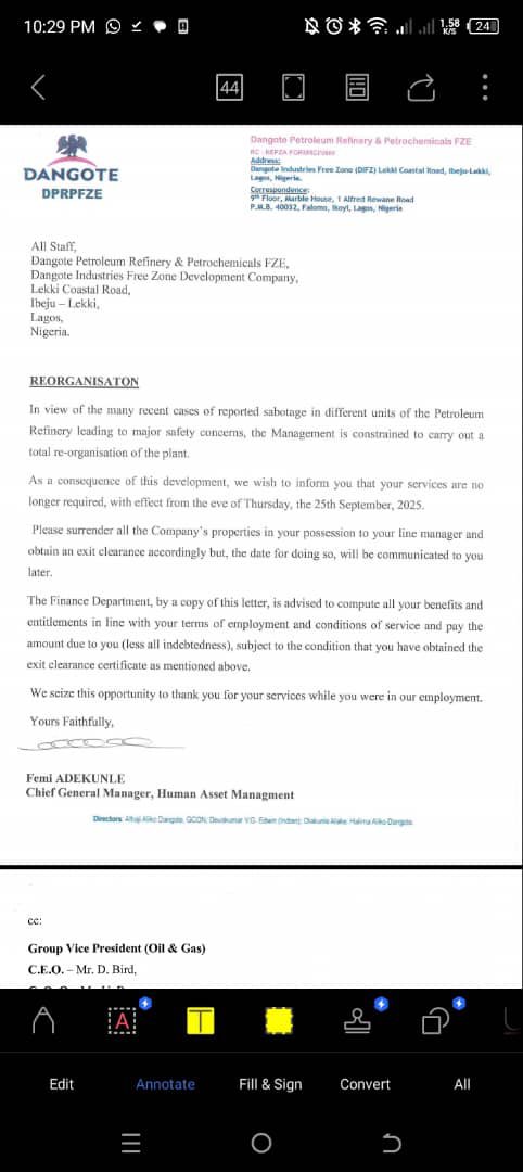 Dangote refinery terminated the contract of all national staffs.

Just 24 hours after 90% of over 1,000 of it's Nigerian workers joined PENGASSAN, they’re all sacked under a flimsy “reorganization” excuse.