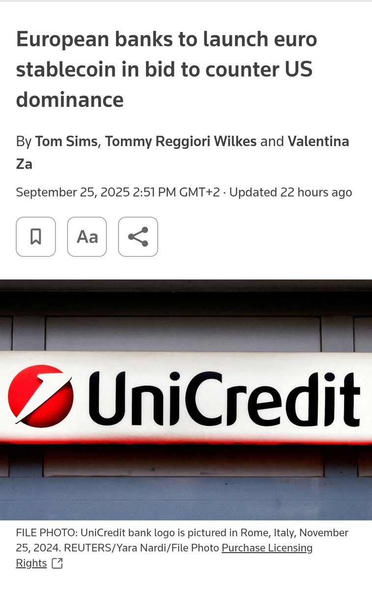 NEW: Nine major European banks, including ING, Banca Sella, KBC, Danske  Bank, and UniCredit, to launch a euro-denominated stablecoin.