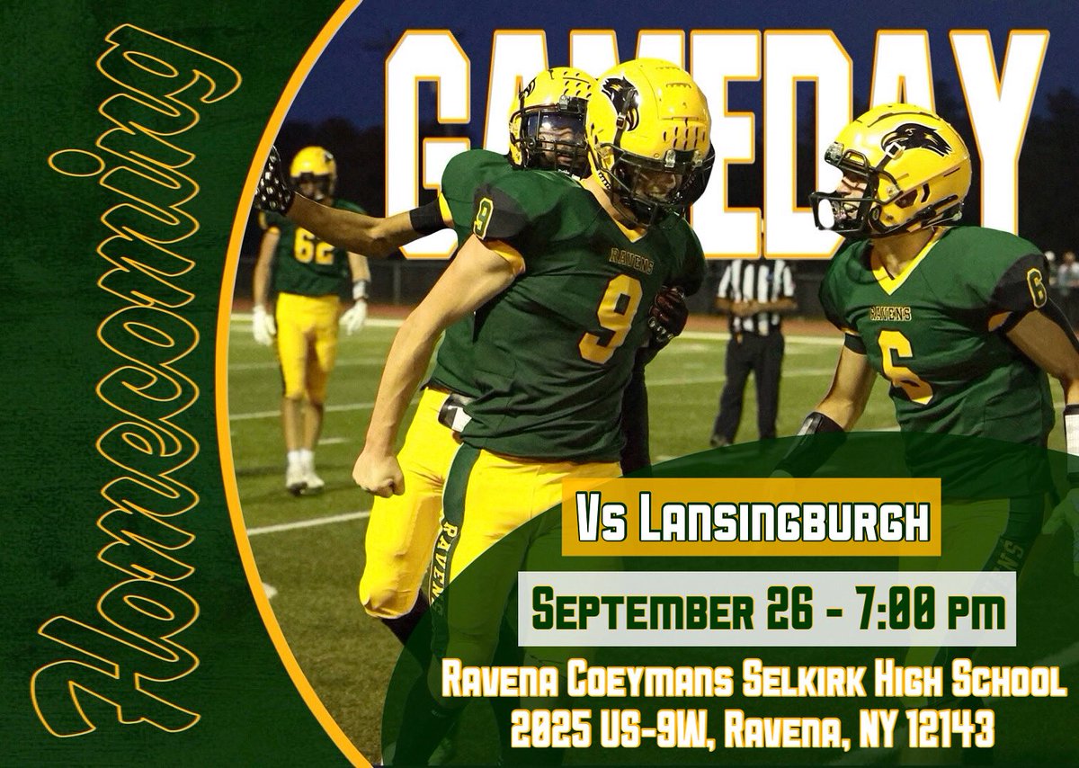 RavenaFootball's tweet photo. IT’S GAMEDAY!!! Come on out and support your RCS Ravens as they take on the Lansingburgh Knight with a 7:00 PM matchup. Tonight’s game is also your final opportunity to come out and cheer on all of our student athletes as they wind down their homecoming week!! https://t.co/5YkVjzRQkv