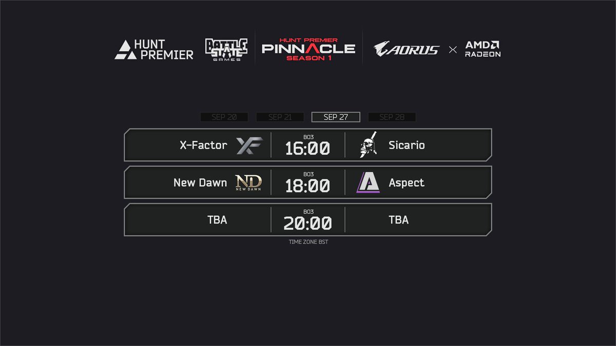 Day 3 of Hunt Premier's Pinnacle #Tarkovarena tournament has now begun!

Today's first game will see who gets knocked out from money placements followed by who will secure their place in the Grand Final!

Watch the action live on twitch.tv/huntpremier