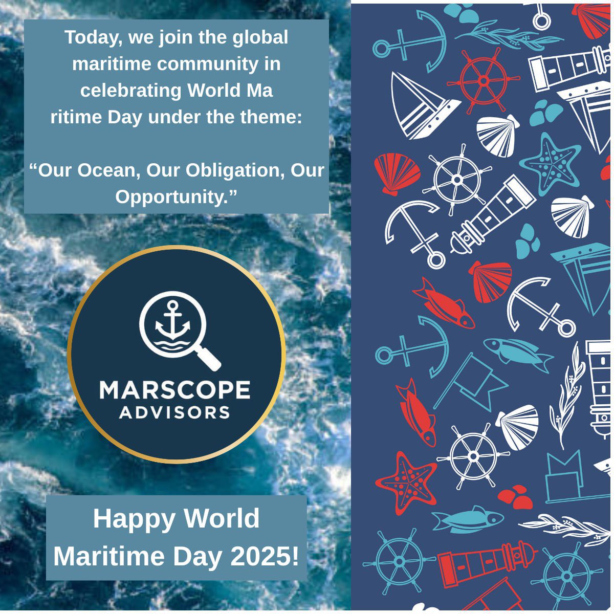 MarScopeAdvisor's tweet image. 🌊 Happy #WorldMaritimeDay 2025!
“Our Ocean, Our Obligation, Our Opportunity” 💙
With 80% of global trade carried by sea, shipping is vital to our planet’s future. Thanks to @IMOHQ & industry action!
#SustainableShipping #OceanProtection #OurOcean