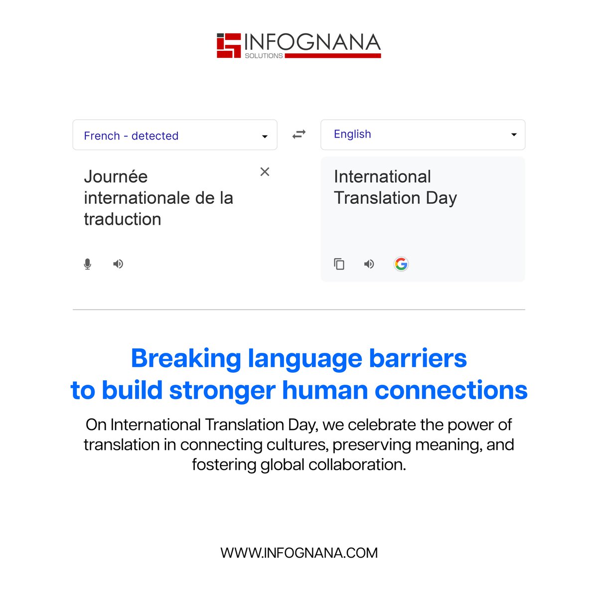 Infognana's tweet image. Today we celebrate #InternationalTranslationDay honoring the experts who bridge languages, connect cultures, and make global understanding possible.
#GlobalConnections #LanguageSolutions
#CulturalDiversity #TranslationMatters #Translation #LanguageServices #infognanasolution