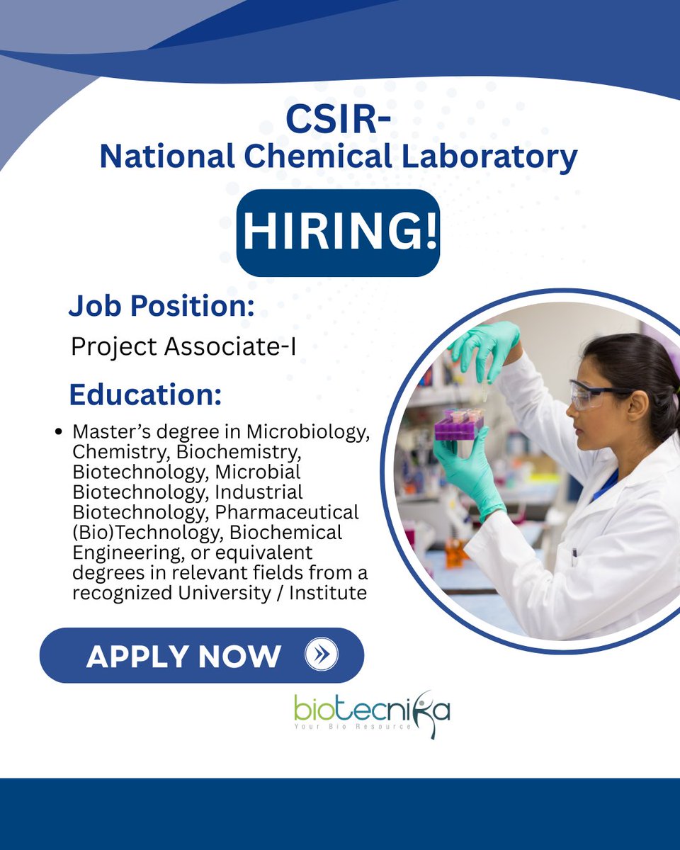 biotecnika's tweet image. 🚨 Life Sciences Project Vacancies at CSIR-NCL! 🚨

Apply now for exciting research positions in Life Sciences.

👉 Full details &amp;amp; apply: btnk.org/csir-ncl-proje…

🔗 Subscribe FREE to Biotecnika: btnk.org/subscribe

#LifeSciencesJobs #CSIRNCL #ResearchCareers #Biotecnika