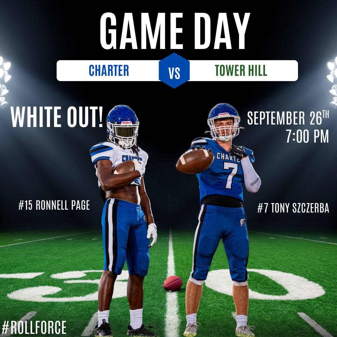 GAME DAY. FRIDAY. SEPTEMBER 26. 7 PM. 

The boys travel to Tower Hill, after earning their first win, in a Class 1A vs 2A matchup on Friday night at Tower Hill! Show out to Tower Hill, be loud, &amp; wear WHITE! 

#RollForce⚡️