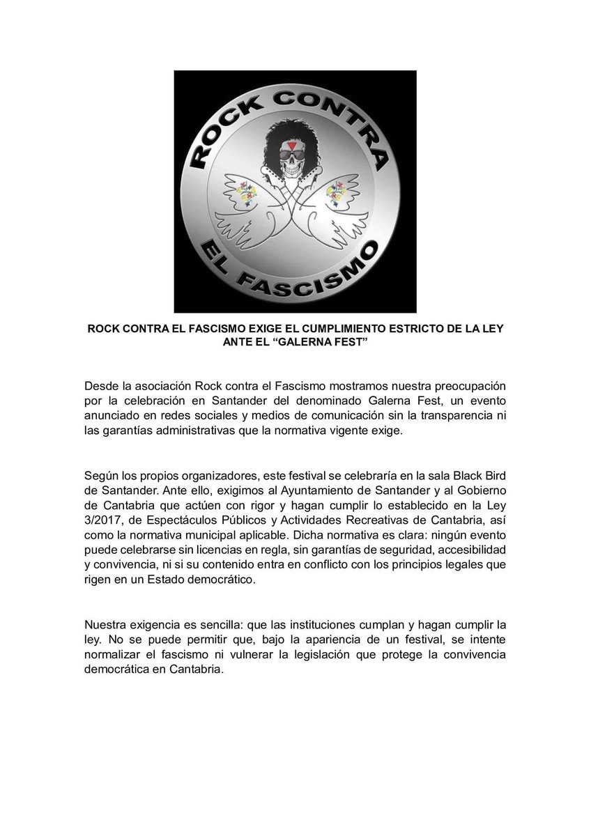 Rock contra el Fascismo mostramos nuestra preocupación por la celebración en Santander del denominado Galerna Fest, un evento anunciado en redes sociales y medios de comunicación sin la transparencia ni las garantías administrativas que la normativa vigente exige.