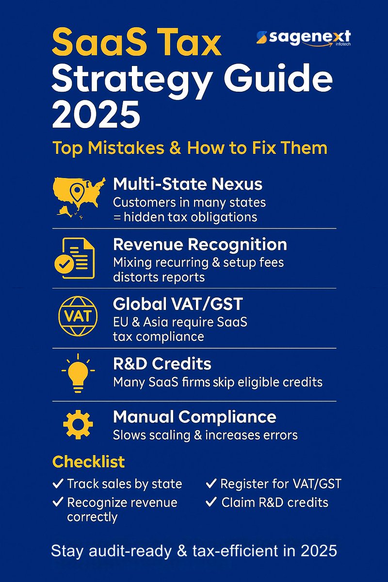 Sagenextinfo's tweet image. SaaS Tax Strategy Guide 2025: Learn how to avoid the most common tax pitfalls for SaaS businesses. 
👉 Learn more at thesagenext.com

#SaaSAccounting #TaxStrategy2025 #CloudHosting #SaaSFinance #SMBAccounting #sagenext