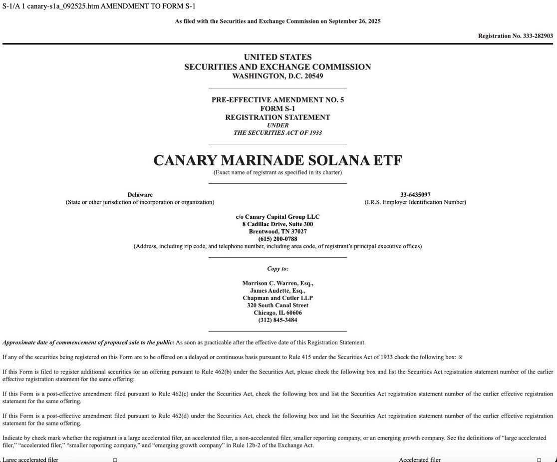 🥔CRIPTOVALUTE : Canary Capital lancia un modulo S-1 per un ETF su Solana con focus su $SOL e staking