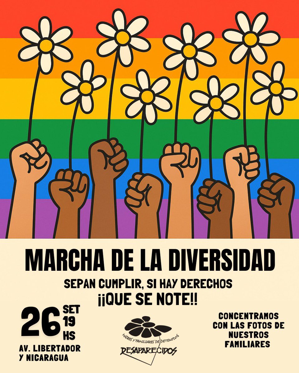 🏳️‍🌈MARCHA DE LA DIVERSIDAD
Sepan cumplir. Si hay derechos ¡que se note!

🗓 HOY

🕝 19 horas

📍Av. Libertador y Nicaragua

Concentramos con las fotos de nuestros familiares detenidos desaparecidos.

¡Sumate!

<a href="/MarchaDivUY/">Marcha Diversidad UY 🏳️‍🌈</a>