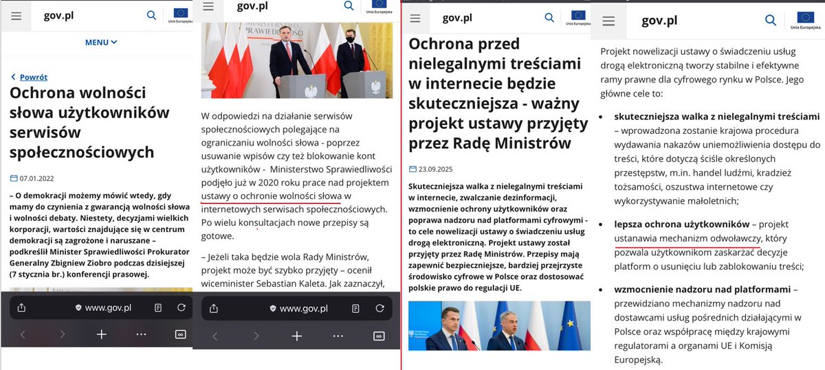szymielewicz's tweet image. &quot;znajdź różnice między obrazkami..&quot;
Dwie narracje, dwie  ekipy, to samo prawo #DSA i ten sam problem: arbitralna  cenzura #bigtech (z jednej) i brak reakcji na komercyjnie opłacalne, ale  nielegalne treści (z drugiej strony). Może wreszcie uda się go w PL rozwiązać, dzięki #DSA..