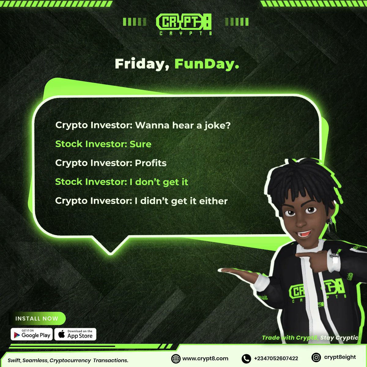 Crypt8eight's tweet image. 😂 get it ? . Tap in for businesses and trades.  Crypt8 Appreciates #CRYPT8 ✅️
