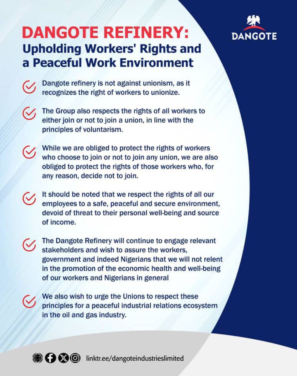 Dangote refinery terminated the contract of all national staffs.

Just 24 hours after 90% of over 1,000 of it's Nigerian workers joined PENGASSAN, they’re all sacked under a flimsy “reorganization” excuse.