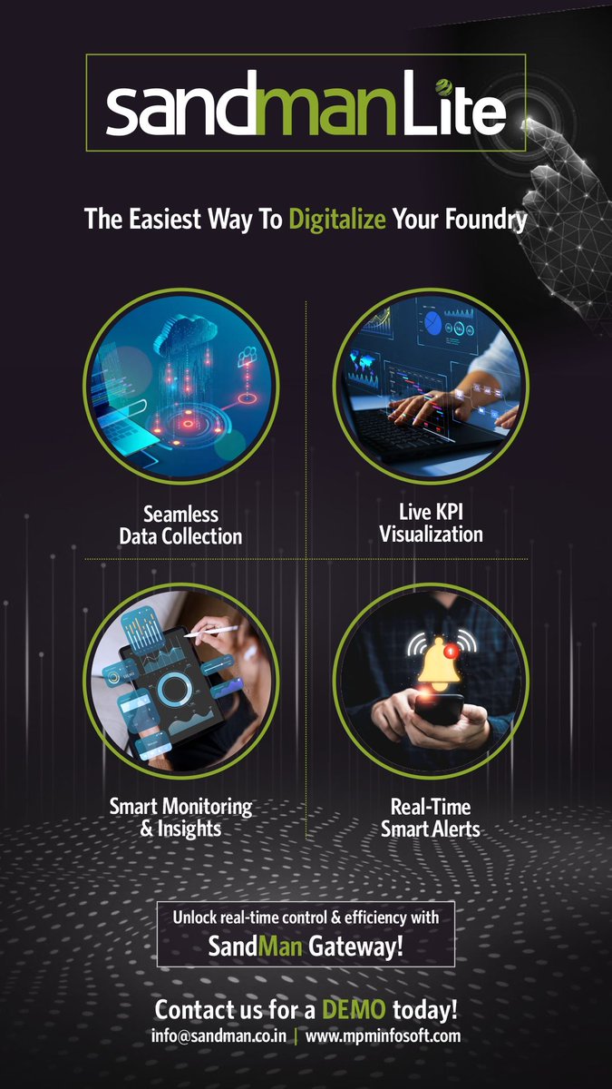 Still managing your foundry the old way?
With SandMan Lite, digitalizing is easier than ever!
✅ Seamless data collection
📊 Live KPIs
🔍 Smart insights
⚡ Real-time alerts

Upgrade today 👉 sandman.co.in/content/demo
#SmartFoundry #DigitalTransformation #Industry40 #FoundryTech