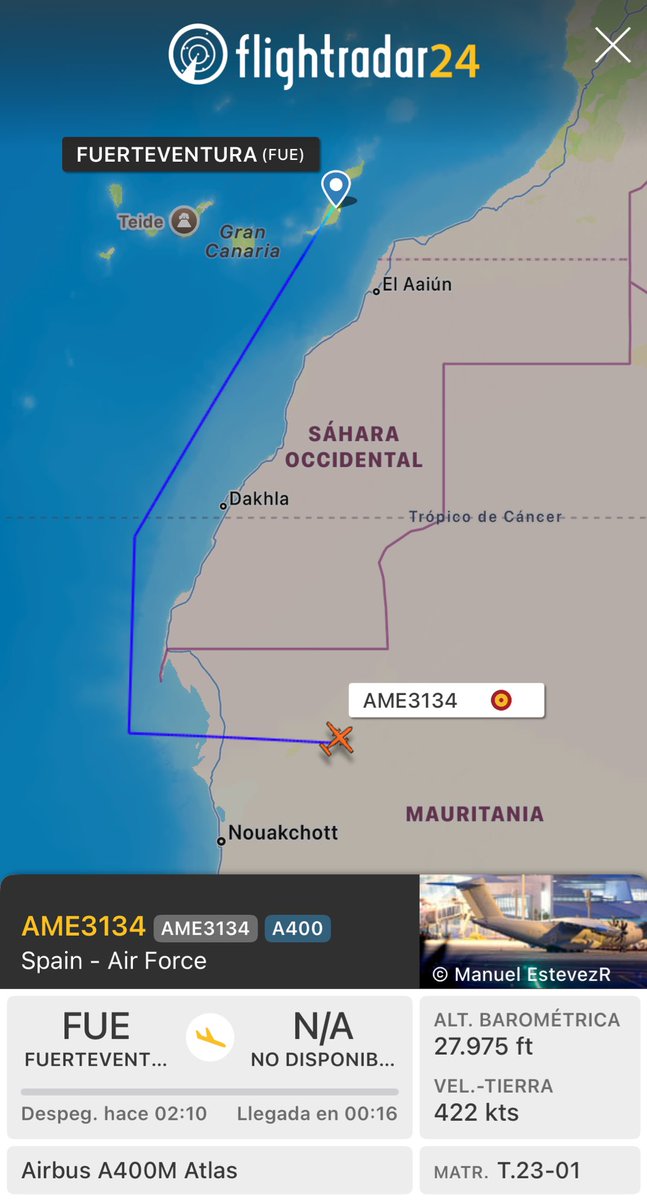 A400M T.23-01 del Ejército del Aire en vuelo sobre Mauritania tras partir desde Fuerteventura.