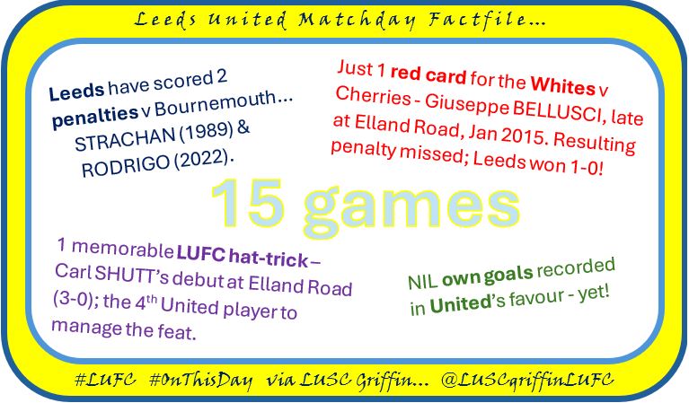 LUSCgriffinLUFC's tweet photo. MATCHDAY EVE #factfiles for Leeds v Bournemouth!
Less details this week, the clue is in the slides!
United have won all 8 of the games against the Cherries at #EllandRoad - we sit 22 unbeaten at home in league games - &amp; there's a great home run at LS11 on 27th Septembers! #lufc https://t.co/WioZw5oMJQ