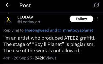 feellikeimrocky's tweet photo. Hi @kqent @ATEEZstaff,

It has come to attention that Mnet’s BOYS II PLANET (@_mnetboysplanet) used ATEEZ’s THE WORLD EP.2: OUTLAW graffiti created by @Leodav_art. This is clear plagiarism.

We kindly ask you to look into this matter to protect both ATEEZ and the artist. https://t.co/vgwi1TgHxg
