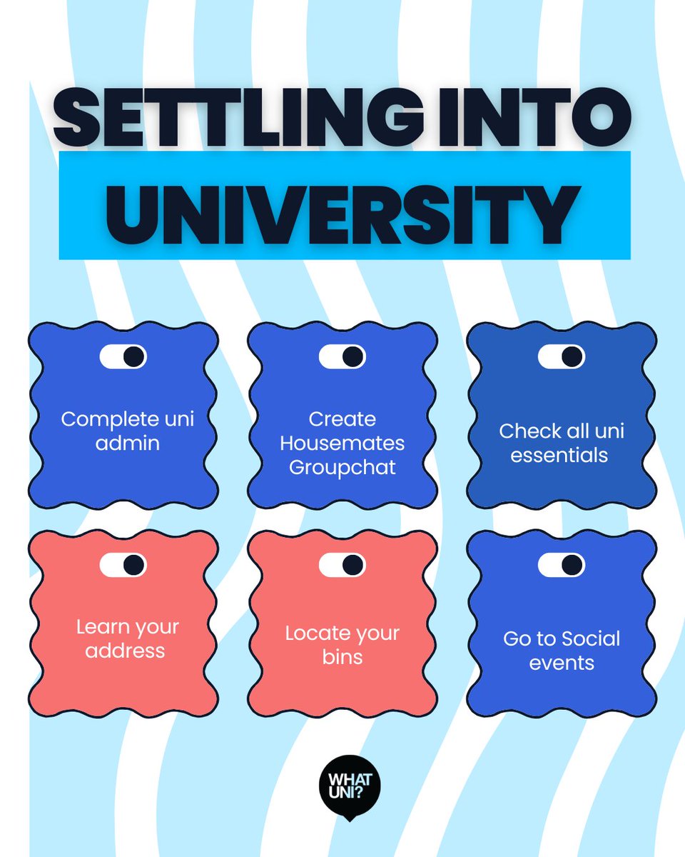 Whatuni's tweet image. Top tips for students settling in 💪
1️⃣ Sort uni admin
2️⃣ Housemate group chat
3️⃣ Stock essentials (yes, toilet roll!)
4️⃣ Learn your address
5️⃣ Find the bins
6️⃣ Attend social events

👉 More advice bit.ly/46pBT5f

#StudentTips #UniLife #Freshers2025