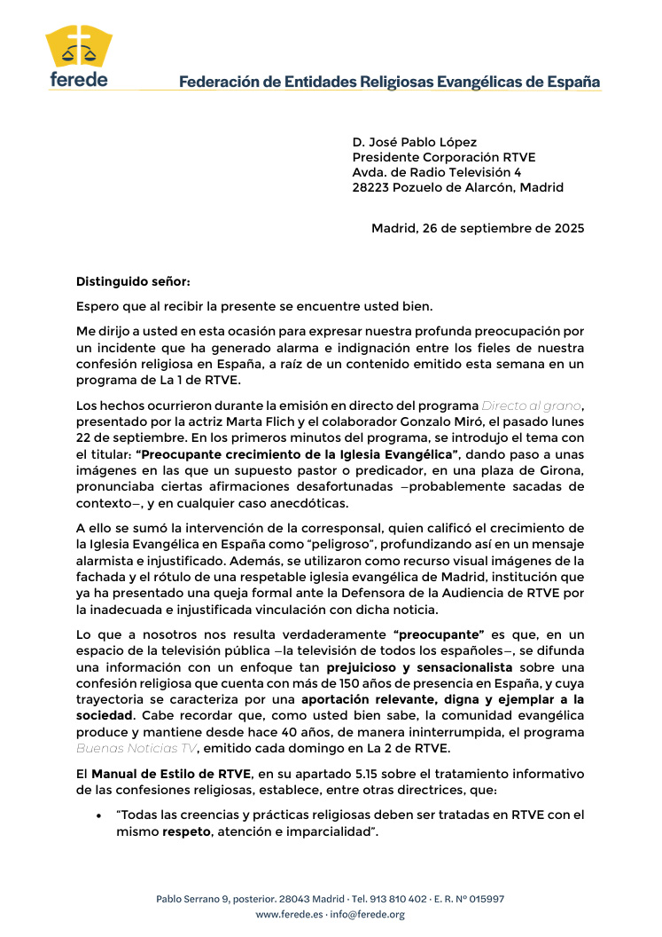 actualidad_evan's tweet photo. ¿"PREOCUPANTE" Y "PELIGROSO" CRECIMIENTO DE LA IGLESIA EVANGÉLICA?
#FEREDE solicita a @rtve medidas tras un contenido emitido en La 1 que calificó de “prejuicioso y sensacionalista”
...
@rtvenoticias #FEREDE
https://t.co/X4h3Mv6gYf https://t.co/qX6BFjauRZ