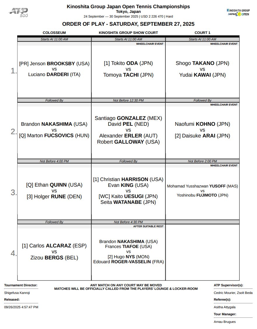 🎾#木下グループジャパンオープン🎾 📅明日9/27（土）は、シングルス