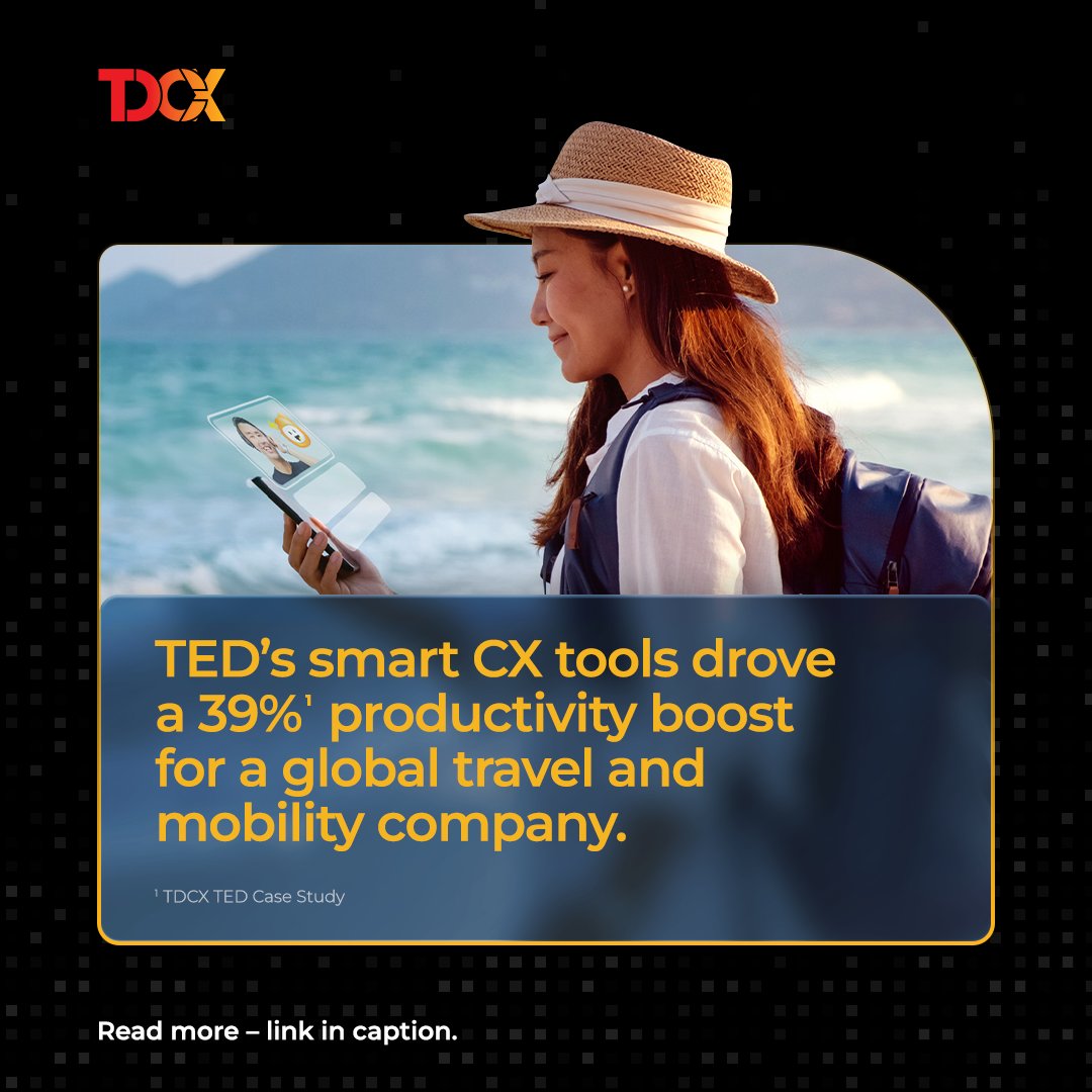 At TDCX, we deliver a seamless blend of human touch and AI innovation, to help travel and hospitality leaders create unforgettable journeys while overcoming today’s biggest challenges.

Discover how we can transform your CX: bit.ly/46C3nEG

#CX #AI #EnableTheFuture