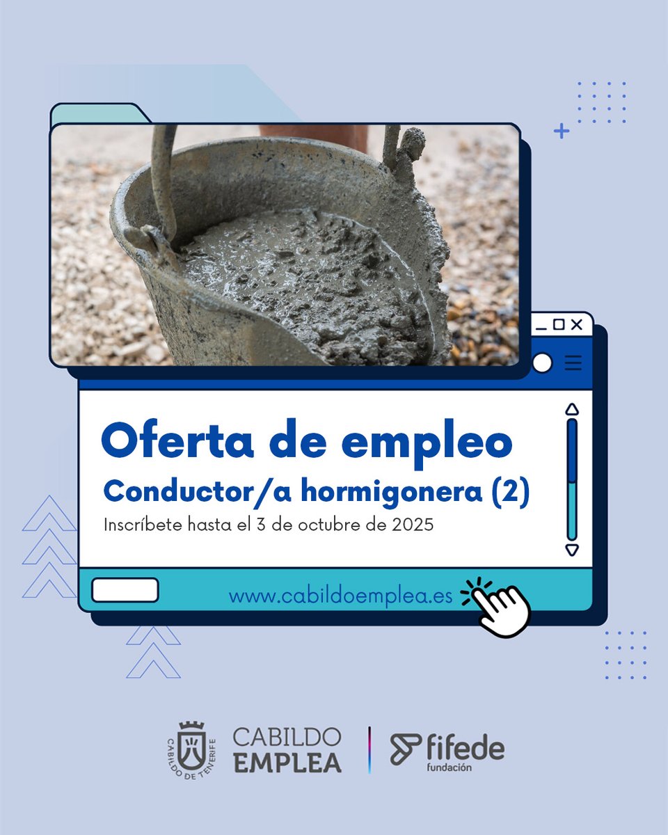 [ TENERIFE ] #RST #EMPLEO | Por cortesía de Cabildo Emplea:
#EMPLEO  En Satocan buscan dos personas para cubrir dos puestos de Conductor/a de hormigonera.
Más información en este enlace. shorturl.at/aJnwo
#CabildoEmplea | #EmpleoTenerife | Cabildo de Tenerife