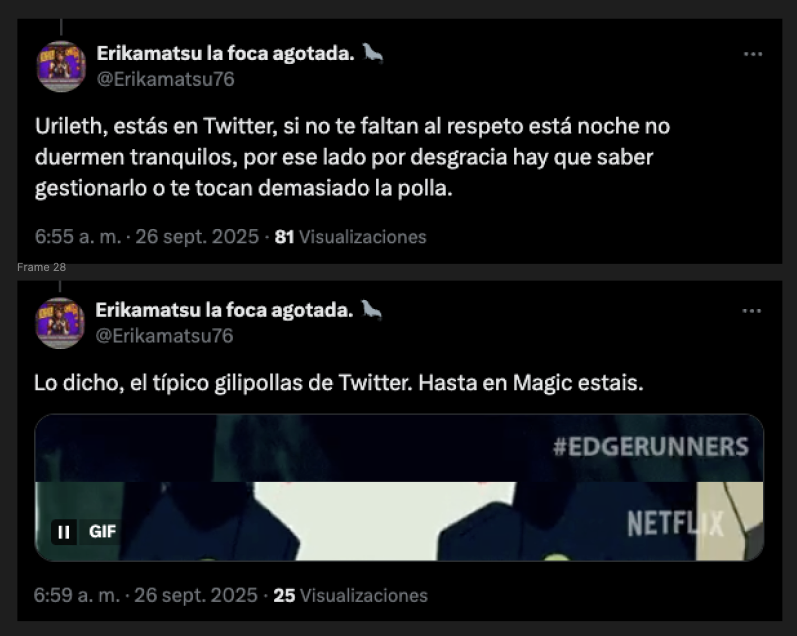 Misma persona, te acusa de "faltar al respeto" solo por criticar un punto de vista que no compartes.

Te llama gilipollas 4min después 🤣

Si el tiempo que dedicáis a mongolear en Twitter lo dedicaseis en aprender a jugar de verdad, no tendríamos esta comunidad de subnormales.
