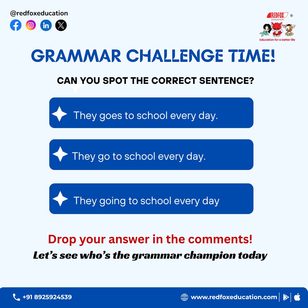 RedFox_EdTech's tweet image. ✨ Grammar Challenge Time! ✨
Can you spot the correct sentence? 🤔📚

Download Our Mobile App:
Google Play: bit.ly/31lO56z
App Store: apple.co/39UxPwl

#Grammar #EnglishGrammar #GrammarQuiz #GrammarChallenge #RedFoxEducation